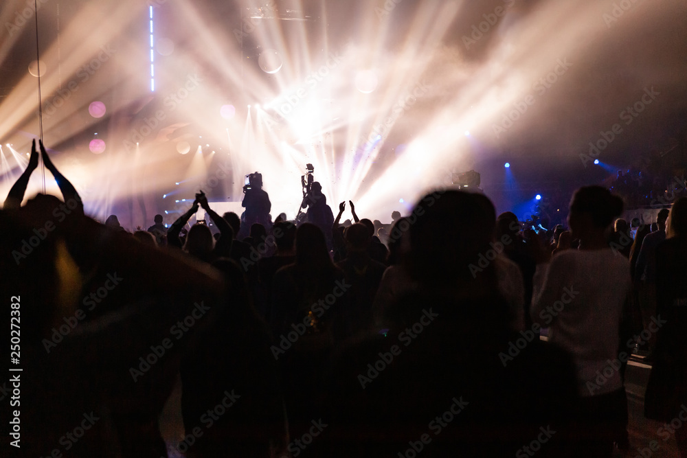 Silhouettes of a concert crowd and cameraman against the background of bright, colorful rays on the stage.