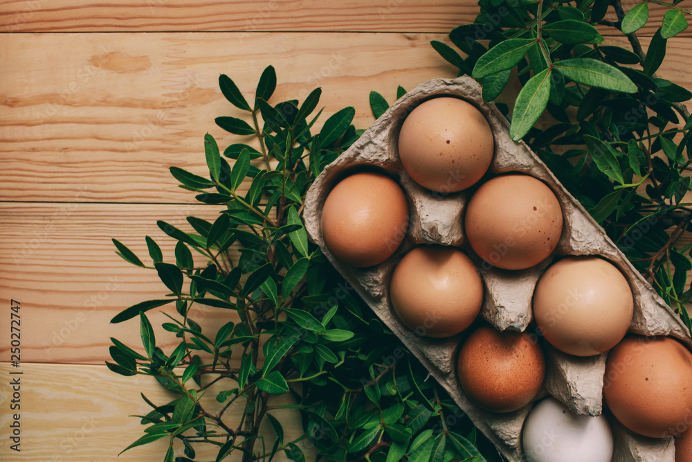 easter composition Easter eggs lie in an egg box next to green branches on a wooden light background easter concept photo from above easter composition Easter eggs lie in an egg box next to green branches on a wooden light background easter concept photo from above
