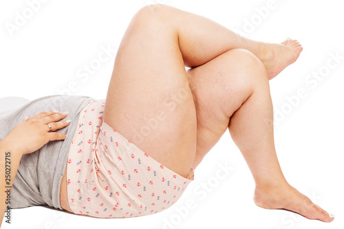 Photography Thick female legs in shorts, close-up, isolated on white background