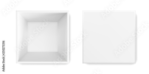 White box 3D top view gift package. Vector white cardboard paper box, empty package, blank isolated template