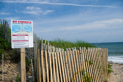 Ditch Plains beach  Montauk Long Island New York in the Hamptons with rip current warning sig