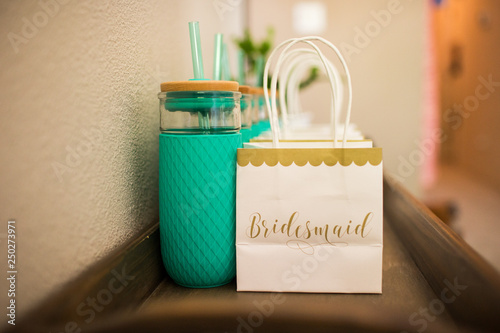 Bridesmaid gifts bags cups turquoise