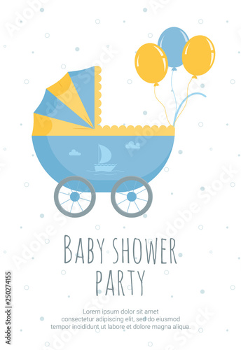 Baby shower invitation template with blue and yellow pram and helium balloons.