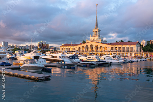 Sochi Marine Station and the yacht pier at sunset.