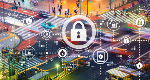Cyber security with busy city traffic intersection