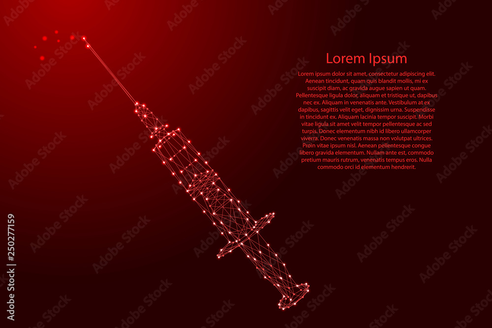 Medical syringe for injection of drugs from futuristic polygonal red lines and glowing stars for banner, poster, greeting card. Vector illustration.