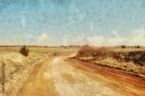 Oil painting pretty landscape scene in stock. Original large size wall art print in modern style drawing on canvas. Contemporary acrylic artwork. Nature motifs. Spring or summer season. 