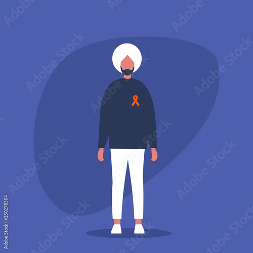 Young indian character wearing a red ribbon badge. World AIDS Day. HIV. Support. Protection and Prevention. Flat editable vector illustration, clip art