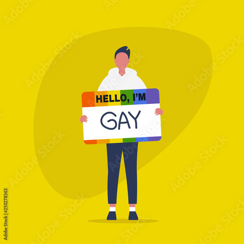 Hello, I'm gay. Open homosexuality. Coming out. Young male character introducing himself as a part of the LGBT community. Flat editable vector illustration, clip art