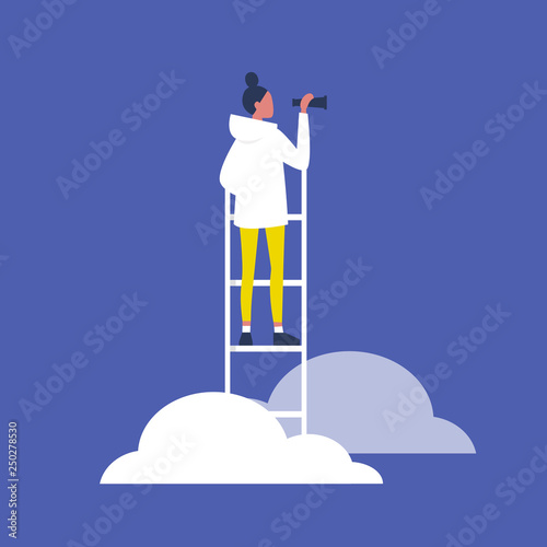 Young female character standing on a ladder in the clouds and holding a spyglass. Business strategy. Success. Flat editable vector illustration, clip art