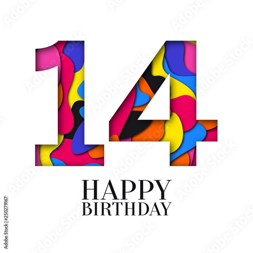 Number 14 Happy Birthday colorful paper cut out design