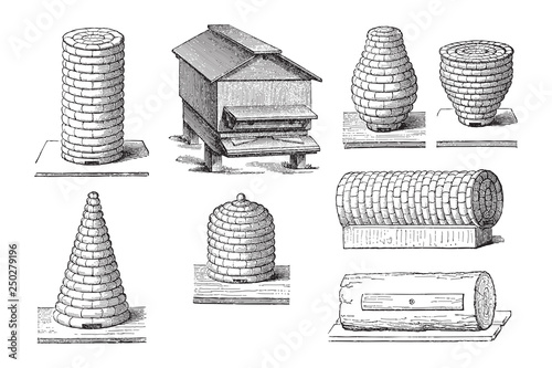 Set of beehives / illustrations from Meyers Konversations-Lexikon 1897