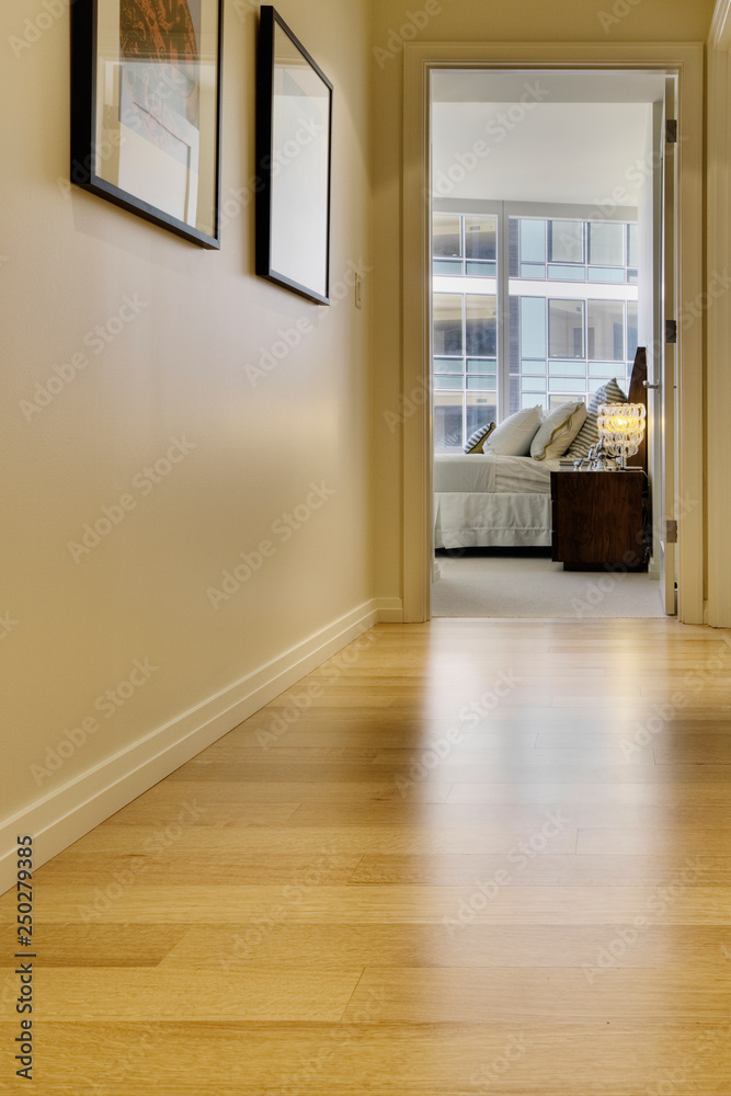 Corridor leading to bedroom in luxury highrise apartment Stock Photo