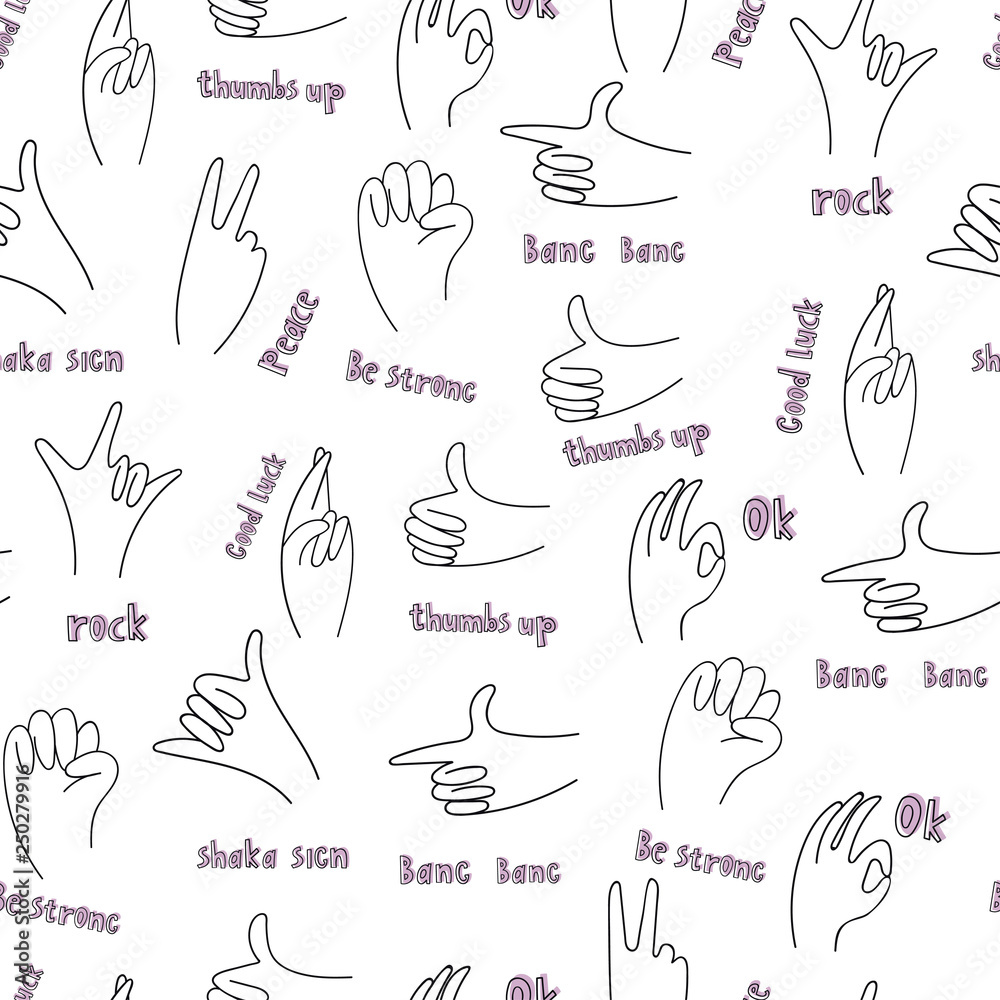 Popular hand gestures with descriptions. Trendy black and white icons