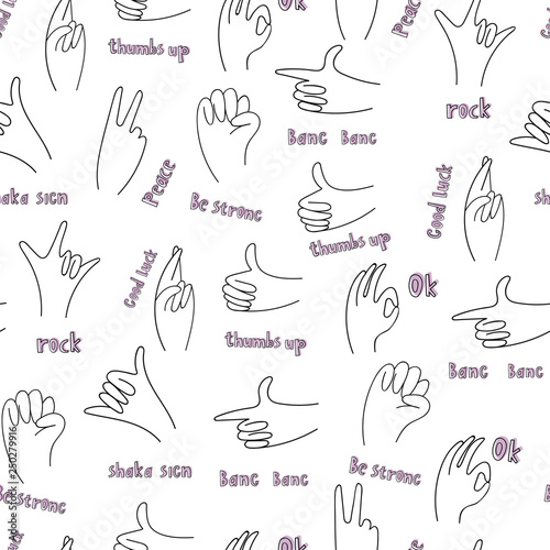 Popular hand gestures with descriptions. Trendy black and white icons collection. Vector illustration. Doodle hand drawn seamless pattern