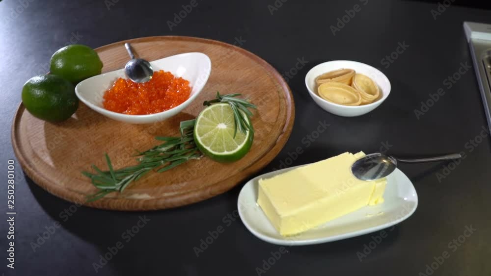 Ingredients for tartolet with red salmon caviar Ingredients for tartolet with red salmon caviar