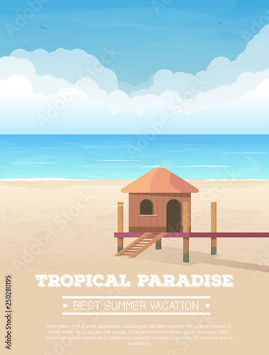 Summer vacation vertical banner. Bungalow tropical sand beach, sea or ocean with waves and big clouds on horizon. Small wooden house. Seaside view. Vector illustration. Hotel hut on exotic beach.
