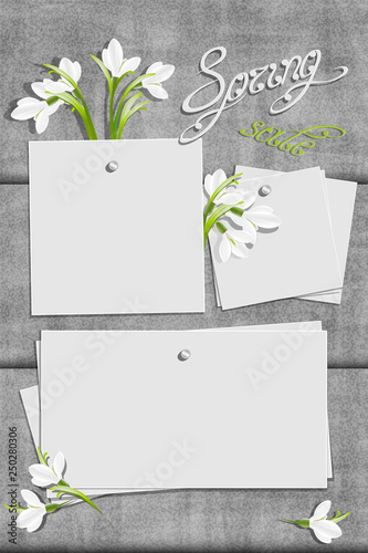 Relief board with photo and place for inscription. Mockup with spring sale inscription and snowdrop flowers. Inspiration board. Swirl handwritten text