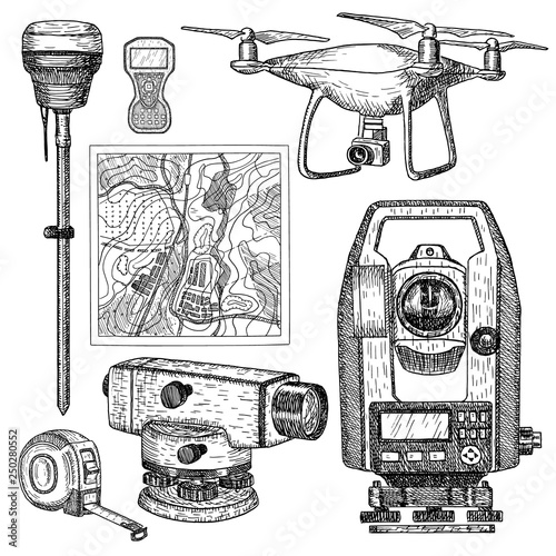 Geodetic equipment hand drawn vector illustration. Measuring instruments engraved style. Sketch isolated on white background.