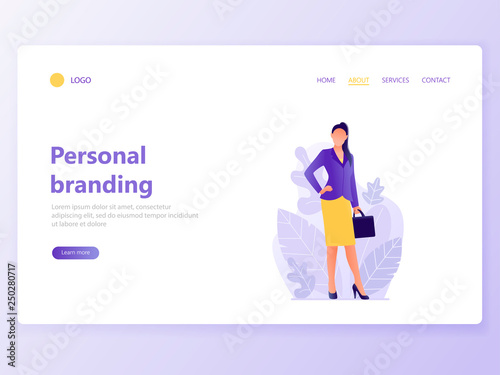 Web page template for personal branding, business communication, consulting, planning. Landing page design. Businesswoman. Web banner, mobile app. Vector illustration