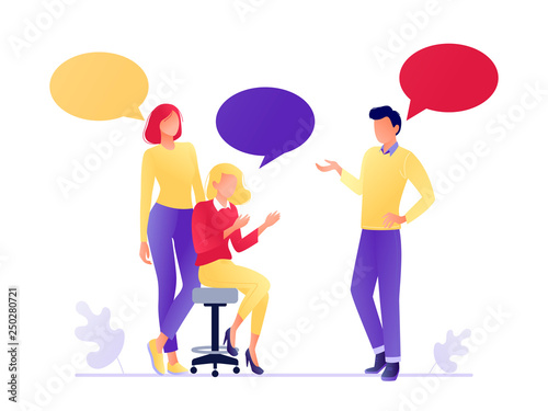 Vector illustration of flat people talking together. Businessmen and women discuss social networks, news. Chat, dialogue speech bubbles. Teamwork, searching for idea. Flat concept vector illustration.