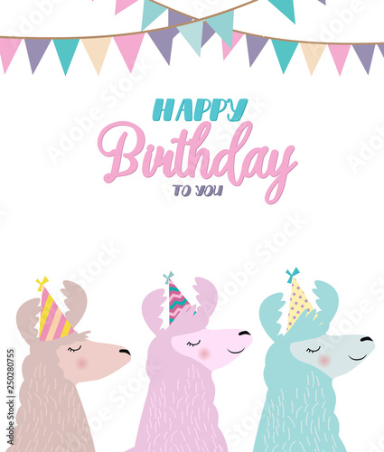 Llama birthday card. Cute birthday greeting card with alpaca. Editable vector illustration