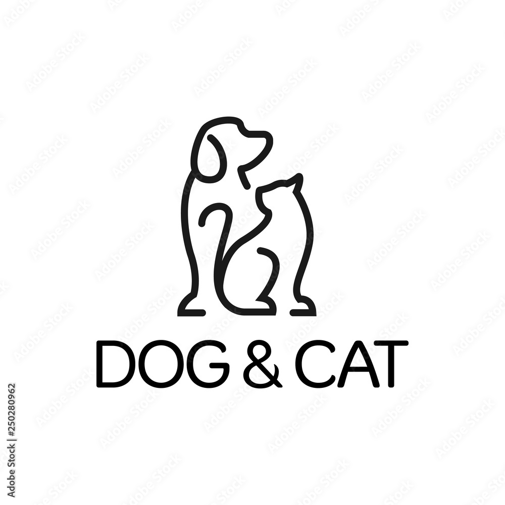 Dog and Cat logo design template. Graphic sitting puppy logotype, sign and symbol. Pet silhouette label illustration isolated on background. Modern animal badge for veterinary clinic - Vector