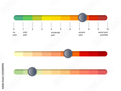 Pain scale slider bar. Assessment medical tool. Line horizontal chart indicates pain stages and evaluate suffering. Vector illustration clipart