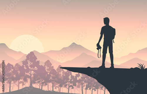Man holding camera Standing on Cliff of mountain in silhouette and forest landscape view with sunset, vector illustration.