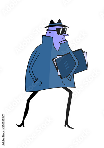Spy. Cartoon spy with stolen documents. Flat vector.