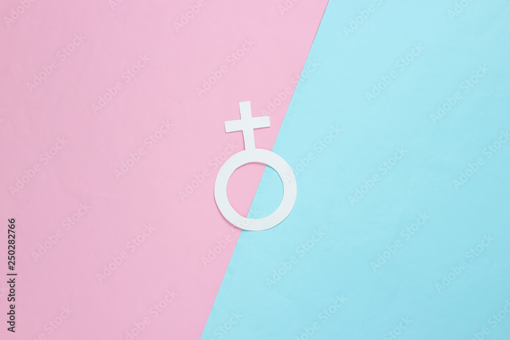 Gender symbol feminism on pastel background. Top view. Minimalism