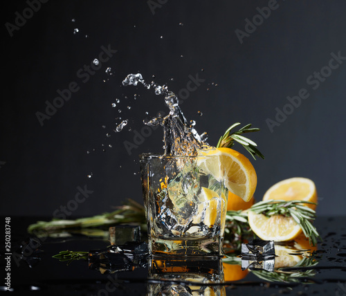 Cocktail gin-tonic with lemon slices and twigs of rosemary.