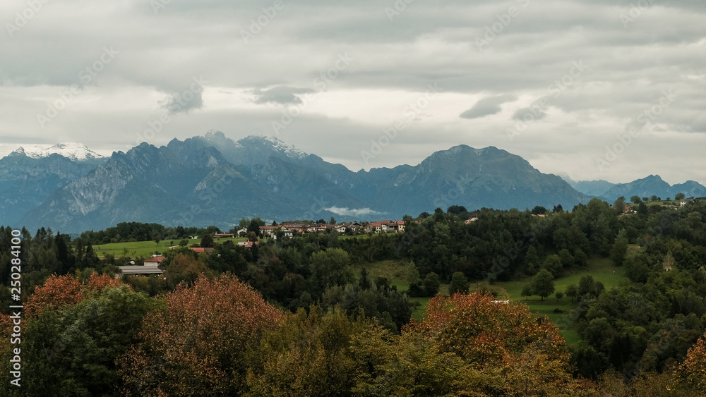 Dolomiti mountains panorama. Zumelle Castle, Mel, Belluno, Italy. August 2018