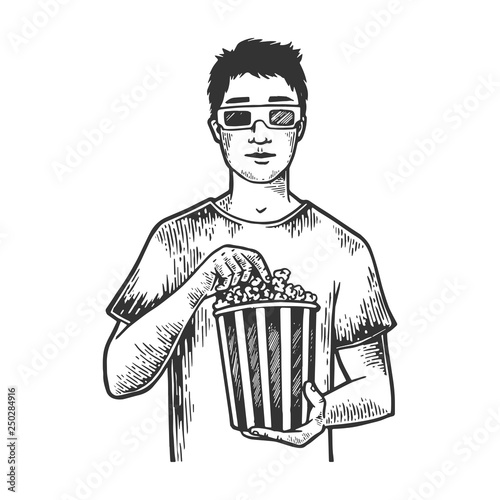 Man with pop corn in anaglyph glasses sketch vintage engraving vector illustration. Scratch board style imitation. Black and white hand drawn image.