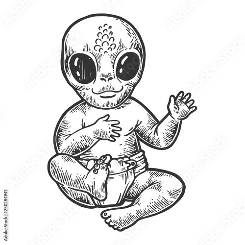 Alien baby kid in diaper napkin sketch engraving vector illustration. Scratch board style imitation. Black and white hand drawn image.