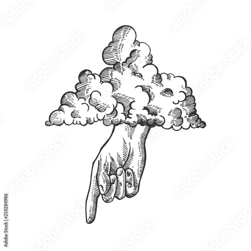 Hand of God in sky cloud sketch engraving vector illustration. Scratch board style imitation. Black and white hand drawn image.