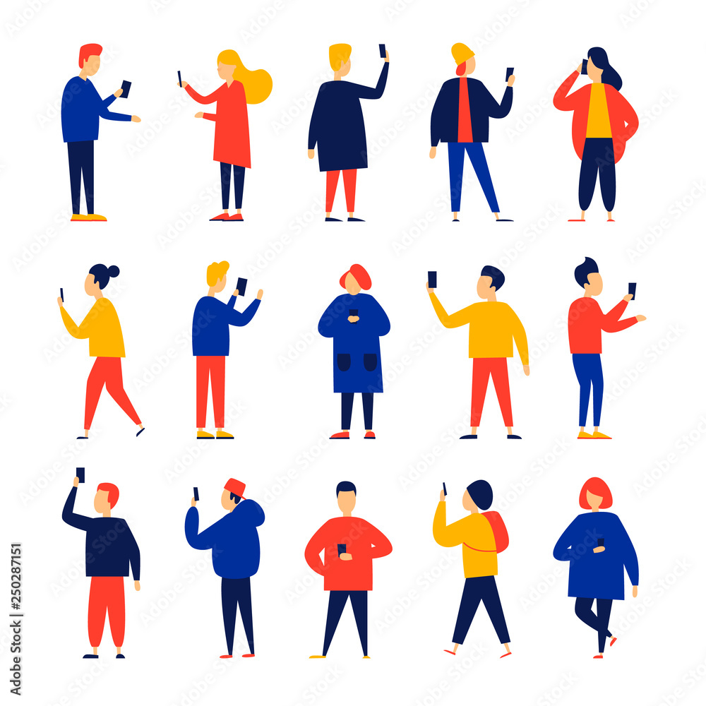 Group of people with mobile phones make selfie, talk, chat, listen to music. Flat illustration in cartoon style. Vector.	 