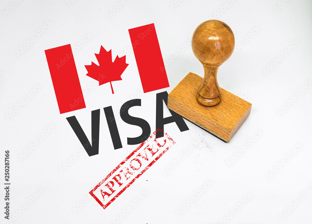 Canada Visa Approved with Rubber Stamp and flag StockFoto Adobe Stock