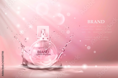 Vector illustration of a realistic style perfume in a glass bottle. Great advertising poster for promoting a new fragrance.