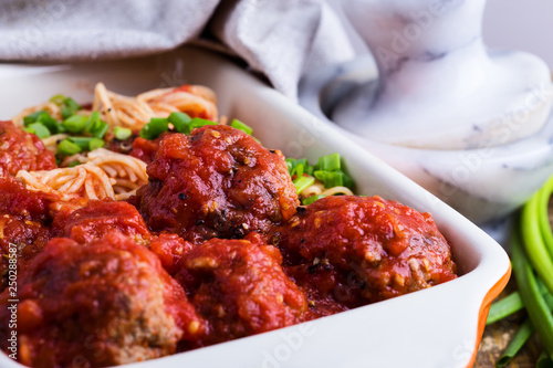 Beef meatballs with spaghetti in marinara sauce