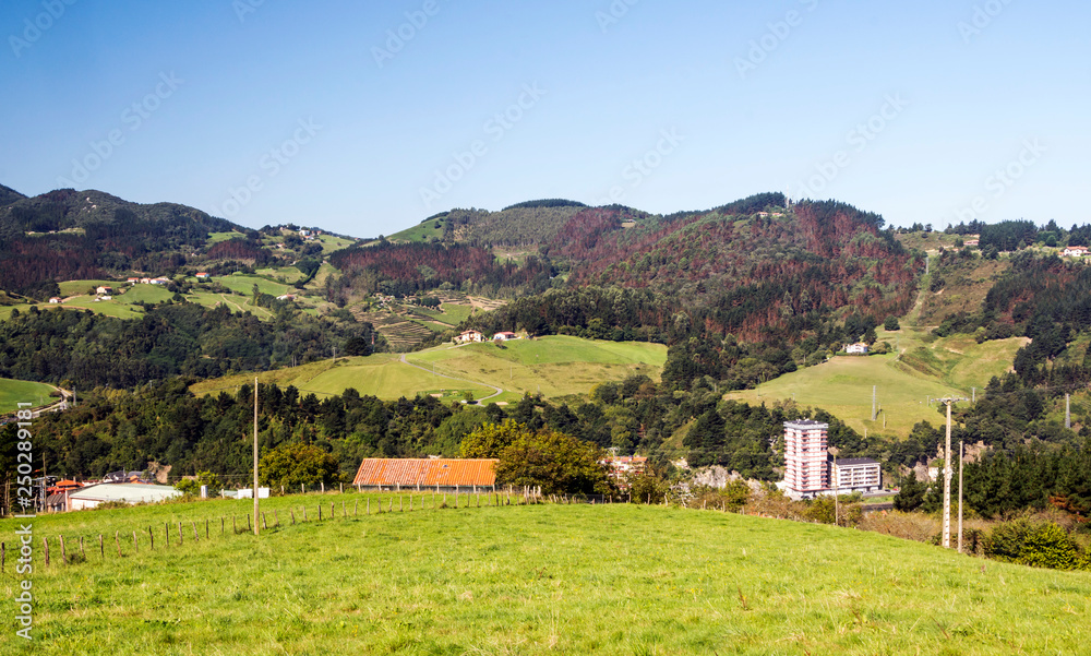 Meadows in rural village in the spanish basque country in a sunny day.