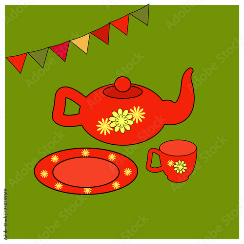 Utensils for tea. vector illustration Red Teapot, cup and saucer with floral yellow ornament. kitchenware for Educational cards, children books