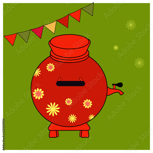 Red Samovar with yellow floral ornament. Educational cards or greeting cards. fair attributes Vector illustration