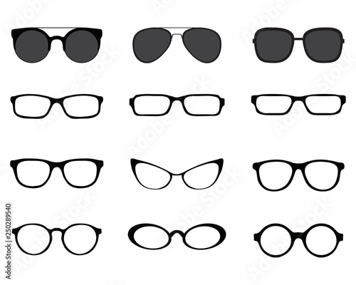 Black silhouettes of different eyeglasses on a white background
