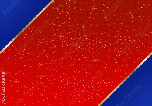 Bright red background and blue triangle in a corners with a gold ribbon with glowing stars with yellow lights. Backdrop with lighted sky