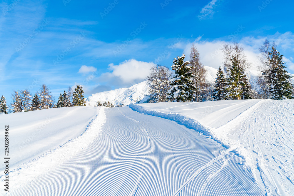 Winter landscape with with snow covered Alps and ski track in Seefeld in the Austrian state of Tyrol. Winter in Austria Winter landscape with with snow covered Alps and ski track in Seefeld in the Austrian state of Tyrol. Winter in Austria