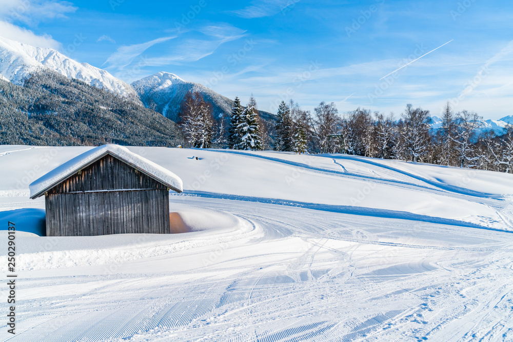 Winter landscape with with snow covered Alps in Seefeld in the Austrian state of Tyrol. Winter in Austria Winter landscape with with snow covered Alps in Seefeld in the Austrian state of Tyrol. Winter in Austria