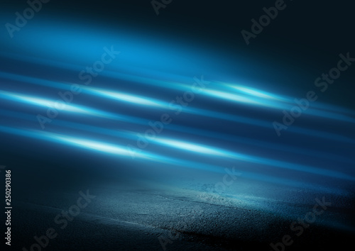 Black background of empty street, room, blue searchlight illuminates asphalt, smoke © Laura Сrazy