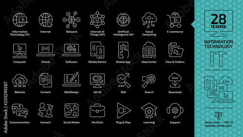 Information technology editable stroke outline icon set on a black background with IT network system, communication, computer software, files and folders, UX/UI, SEO, search, download thin line symbol