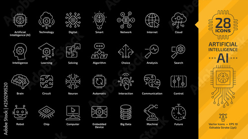 Vector artificial intelligence editable stroke thin outline white icon set on a black background with machine learning tech, smart robotic and cloud computing network digital AI technology line sign.